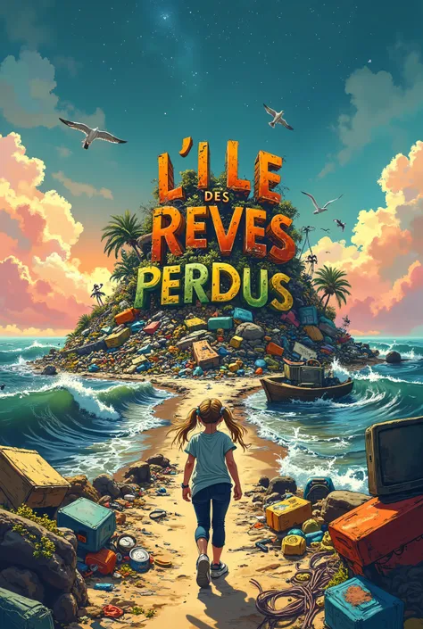 A whimsical, vibrant illustration featuring the title : “L'ILE des REVES PERDUS” made in recycled waste, garbage damaged letters in a grunge, gross, cartoon font, this title on top of a nasty polluted island hill of trash, a dirty ocean around filled with ...