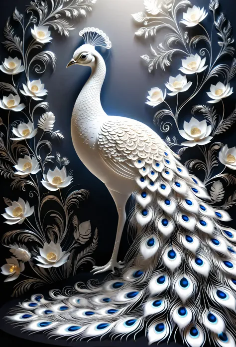best quality, a stunning artwork of a beautiful white peacock, intricately detailed, (best shadow), elegant, volumetric lighting| ((More_Detail))