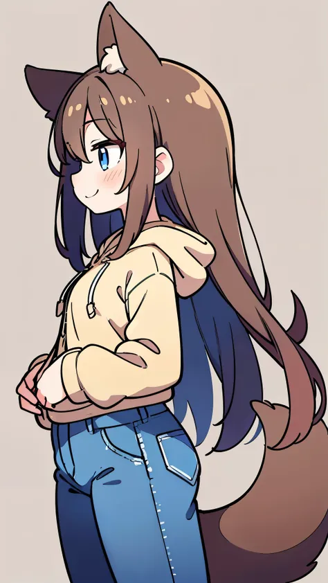 anime style、 cute face、 Female 1、 fox ears、 caramel brown hair、tail、long hair、 beige hoodie、jeans、blue eyes、smile、uterus、Profile、profile