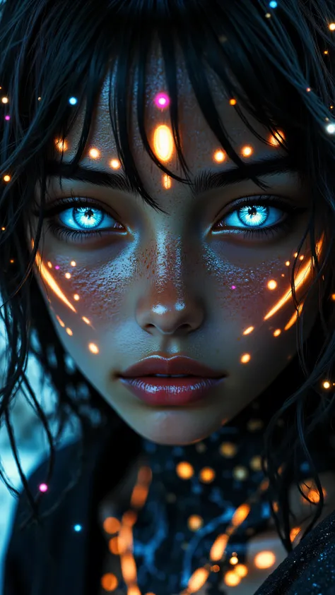 8k, Masterpiece, Top Quality, digital art, extreme close-up portrait, fantasy character face, avatar aesthetic, dark skin, glowing eyes, blue glowing irises, yellow glowing pupils, long dark eyelashes, intricate glowing facial patterns, orange glowing patt...