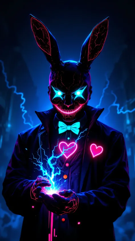 8k, Masterpiece, Top Quality, medium shot, eye-level, figure wearing stylized black rabbit mask with one glowing cyan ear and one glowing pink ear, glowing cyan and pink eyes, glowing stitched grin, black jacket with glowing neon pink heart detail, bright ...