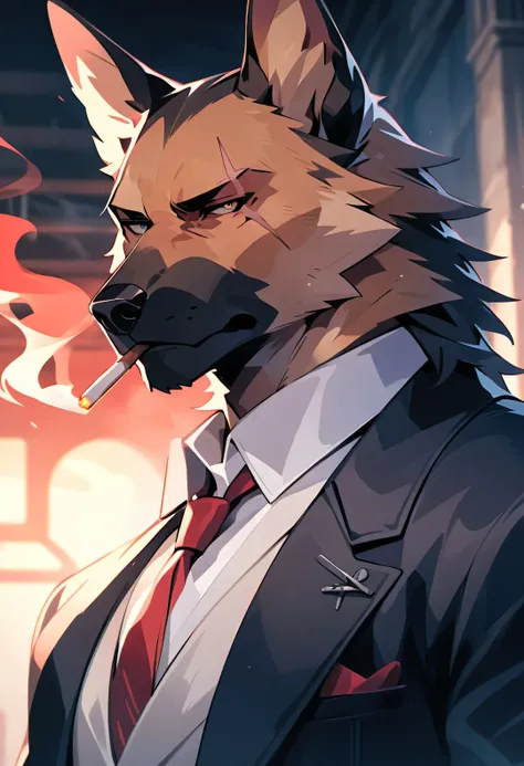handsome and rugged anthropomorphic german shepherd wearing a black suit with a red tire, masculine, regal, mafia vibes, scar on eye, smoking a cigarette, light novel art, cold expression