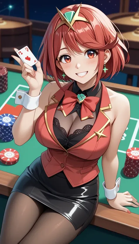 score_9, score_8_up, score_7_up, source_anime top quality、8k、masterpiece、natural light、high accuracy、perfect anatomy、One woman、medium chest、saggy breasts:1.5、(pyra)、( Happy Expression 、fun expression、The highlight in my eyes)、red hair, short hair, swept ba...