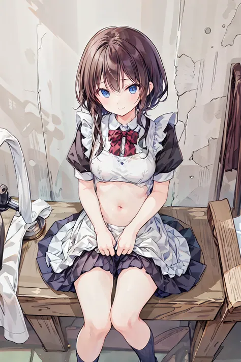 1 girl、maid、is sitting、frill socks、from below、 Ashikiri、embarrassing、 Bicycle shorts、puffy lips、toeless legwear、Cross Race Legwear、masterpiece、Highest Quality、 Hair,shortcuts,unkempt hair,Short braided hair,Neat, slender beautiful woman, correct posture,Sm...