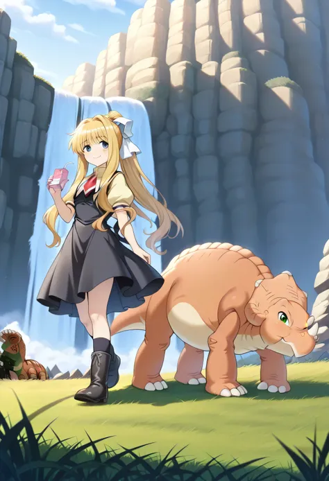 masterpiece, best quality, ultra detailed, hdr, 1girl, 1dinosaur, walking side by side, looking at each other, front view, smiling, full body, sunny valley scenario, daylight, grass, rocky waterfall, BREAK, 1girl, kamio misuzu, ((blue eyes, long hair, blon...