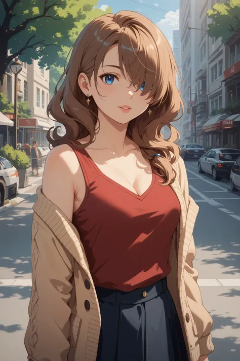 wavy brown hair swept round over one shoulder to the front and cover one eye, blue eyes, casual outfit, burgundy tank top, cream cardigan, black high-waisted skirt, natural pose, standing, urban background with buildings and trees, bright sunlight casting ...