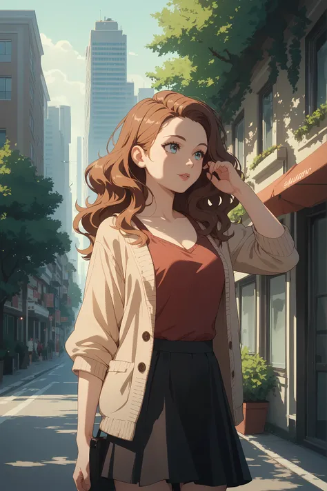 long wavy hair, casual outfit, burgundy tank top, cream cardigan, black high-waisted skirt, natural pose, standing, urban background with buildings and trees, bright sunlight casting defined shadows, relaxed atmosphere.