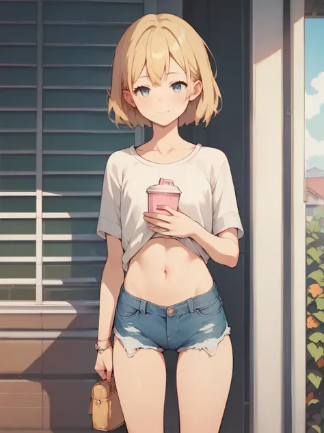 score_9, score_8_up, score_7_up, score_6_up, score_5_up, score_4_up, anime,nsfw, uncensored,anime girl,correct anatomy,young ,Petite,Baby Face, shape,skinny,Blonde girl in low leg short jeans ,