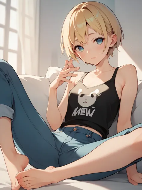 score_9, score_8_up, score_7_up, score_6_up, score_5_up, score_4_up, anime,nsfw, uncensored,anime girl,correct anatomy,young ,Petite,Baby Face, shape,skinny,( thin hands and feet:1.2),Blonde girl in low leg short jeans ,