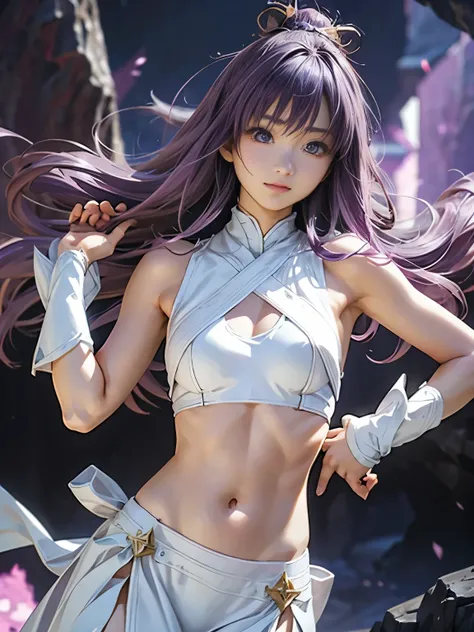 Photorealistic、realistic Japanese anime、woman with long light purple hair（Fluffy Hair、Sharp Expression、slim figure、Small breasts）、simple figure、White Armor（sleeveless、belly button out）、in a dark cave、Pitch Black Hell、Dark Fantasy
