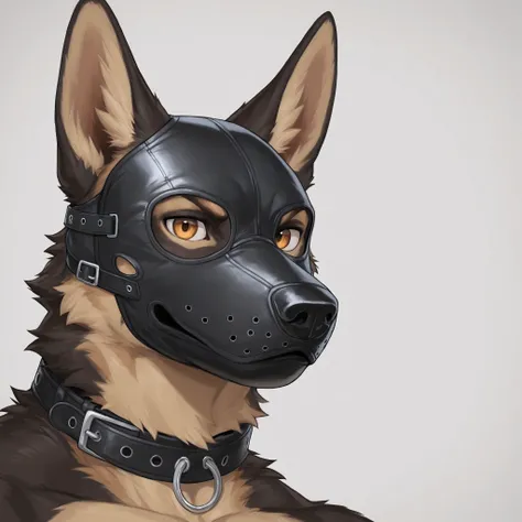 Furry, 1boy, highly detailed, breathtaking, male only, 18+, headshot, pup mask, german shepherd, white background, looking at viewer, leather collar