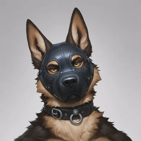 Furry, 1boy, highly detailed, breathtaking, male only, 18+, headshot, pup mask, german shepherd, white background, looking at viewer, leather collar