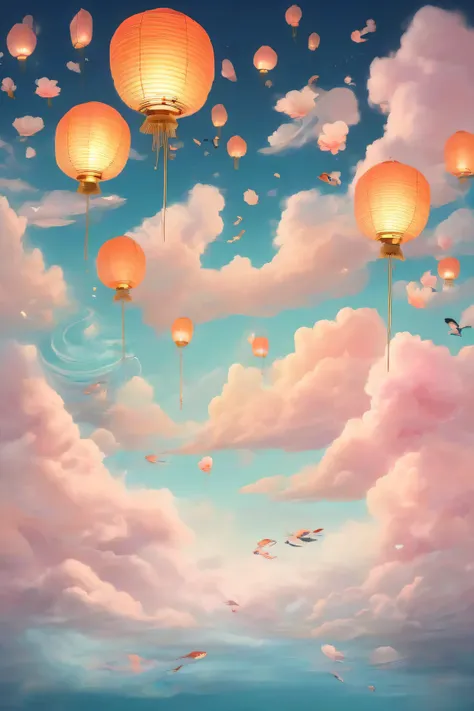 A dreamy, pastel-colored cloudscape with flying koi fish and floating lanterns, inspired by Japanese folklore and modern fantasy art.