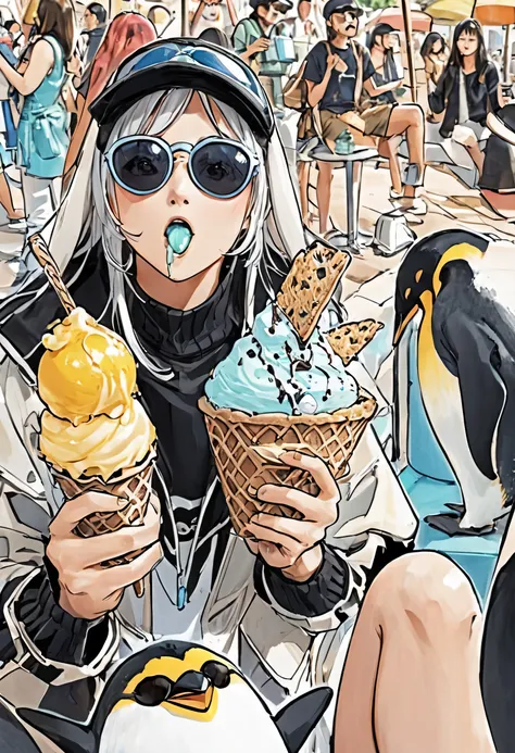 Penguins eating ice cream when it seems hot in summer、human-like gestures、hanging sunglasses、people around me seem to want it、ice cream looks delicious、3-tier ice cream、