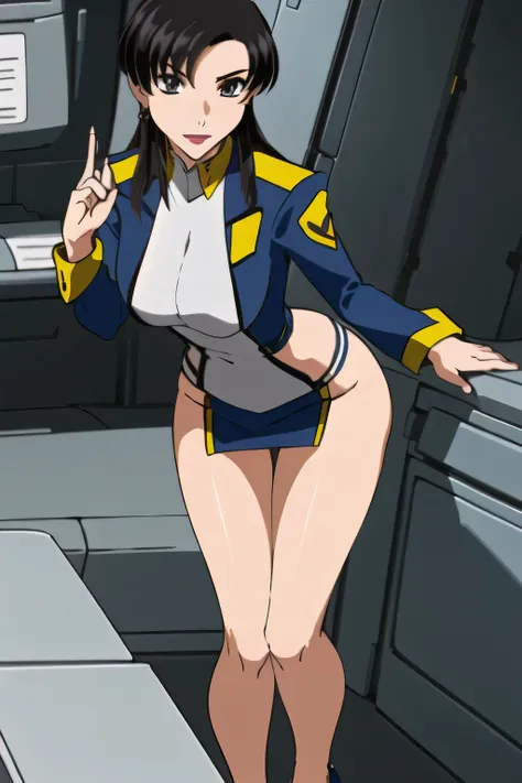 black hair,long wavy hair、accurate depiction of hands and feet、flight attendant uniform with legs,please draw her expression more delicately, dark blue panties ,(draw a more delicate expression),(Yellow Scarf),( navy blue blazer, dark blue micro mini s...