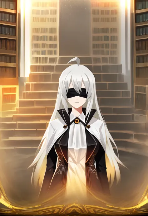 1girl, Real light and shadow, anime face, 4k, 8k, wallpaper, detail texture, ((1girl)), solo, cowboy shot, library of ruina, index proxy, long hair, white hair, two-tone hair, ahoge, long hair, blindfold, jacket, long sleeves, gloves, cape, white cape, bla...