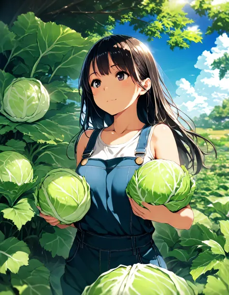 1girl, year 2016, home garden, cabbage, overalls, blue sky, masterpiece, high score, great score, absurdres, 16k, super detail