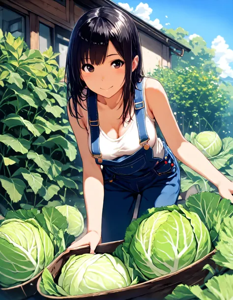 1girl, year 2016, home garden, cabbage, overalls, blue sky, masterpiece, high score, great score, absurdres, 16k, super detail