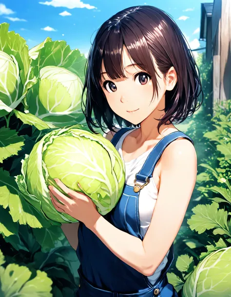 1girl, year 2016, home garden, cabbage, overalls, blue sky, masterpiece, high score, great score, absurdres, 16k, super detail