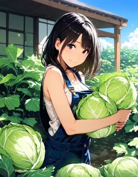 1girl, year 2016, home garden, cabbage, overalls, blue sky, masterpiece, high score, great score, absurdres, 16k, super detail