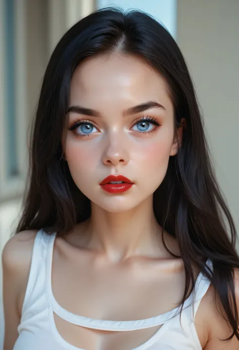 young girl, (), perfect face, black long hair, forehead, black natural eyebrows, big blue eyes, black eyeliners, nose, blush, red thick lips, beautiful girl, white tank top, medium breasts