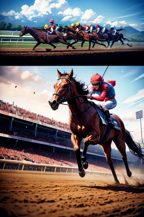 (horse racing:1.3), final stretch, intense finish, horses sprinting side by side, jockeys pushing hard,
(muscular horses:1.2), sweat flying, (flaring nostrils), (turf flying), (motion blur),
(jockeys in colorful silks), leaning forward, whips raised, (...