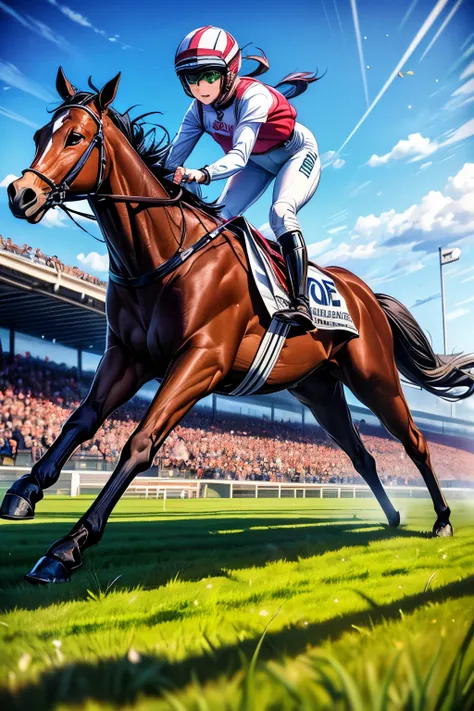 (horse racing:1.3), final stretch, intense finish, thoroughbred horses sprinting side by side,
(jockeys leaning forward), colorful racing silks, whips raised, determined expressions,
(green grass racetrack:1.4), lush turf, (dirt and grass flying), kick...