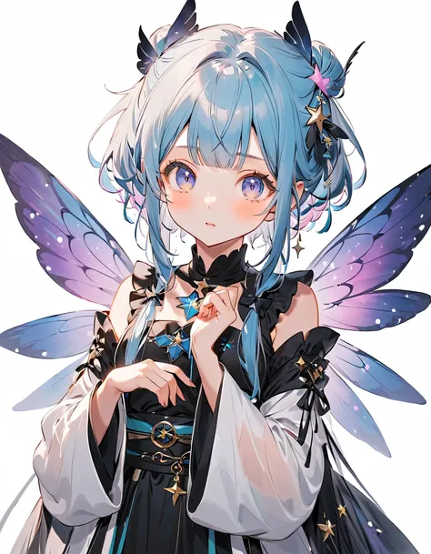  best detail、  1 girl on break day，，Blink，  Milk White and Blue Hair Color、  The Cutest Girl in the World   ，wear a colorful and cute gothic kimono costume  ,  Star Fairy ,wear a colorful and cute gothic kimono costume   with little fairy feathers growing ...