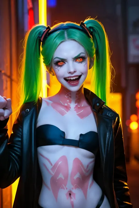 Rebecca, 1girl, young girl, 1 , futuristic cyberpunk, lewd grin, (twin tail, hairband, colored sclera, red sclera, green hair, green pupils, fang, red eyes, wearing a little sexy clothes, black croped jacket ), ((skinny body)) , (((psycho face, creppy smil...