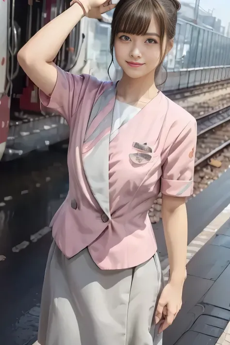 (masterpiece:1.2, Highest Quality:1.2), 32kHDR, oconnor , (alone、 1 girl on break day)、( Daytime building roof 、 Professional Lighting)、 Facing the roof of the building 、( Nankai train crew uniform pink real style )、(( Nankai train crew uniform pink...