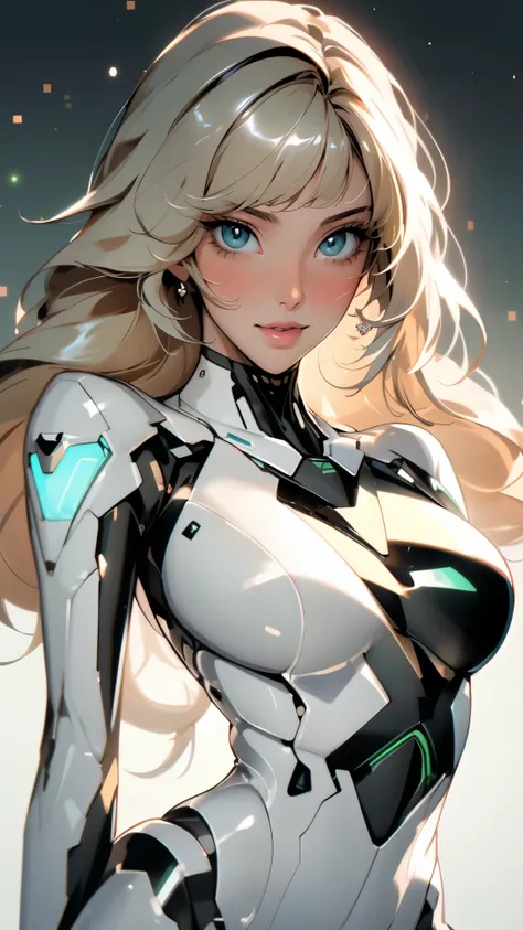 masterpiece, best quality, a beautiful woman with long shiny hair, choppy bangs, delicate face, passionate gaze, perfect smille, blush, seductive expression, tall and fit figure, perfect body, perfect skin, seductive pose, sexy Futuristic Technological Nan...