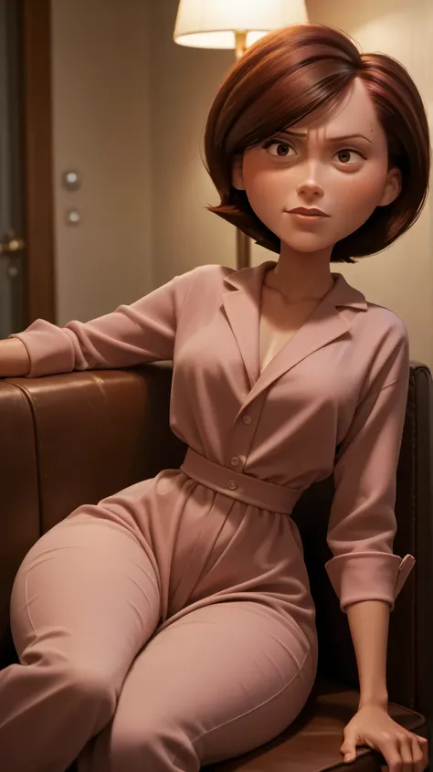 score_9, score_8_up, score_7_up, score_6_up, score_5_up, score_4_up, rating_questionable, 1girl, Hel_enParr, on a couch, seductive look, short hair, dark red hair, big hips, blouse