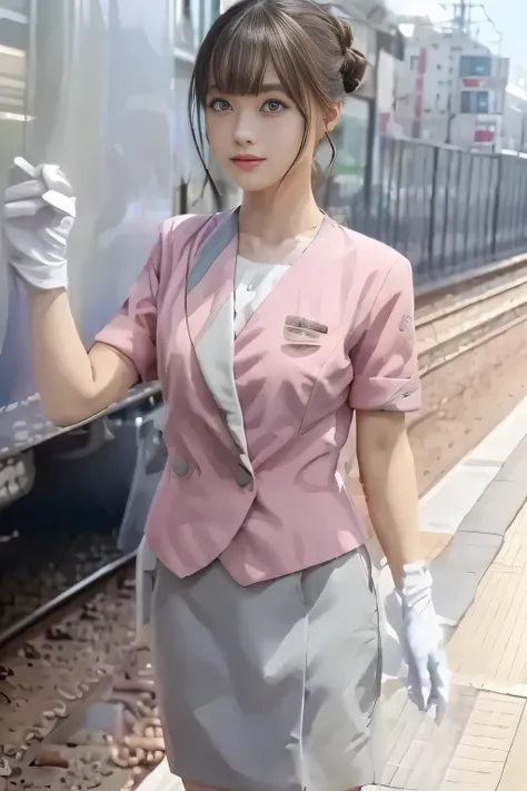 (masterpiece:1.2, Highest Quality:1.2), 32kHDR, oconnor , (alone、 1 girl on break day)、( Daytime building roof 、 Professional Lighting)、 Facing the roof of the building 、( Nankai train crew uniform pink real style )、(( Nankai train crew uniform pink...