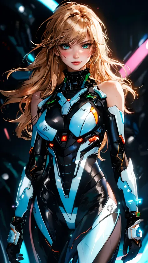 masterpiece, best quality, a beautiful woman with long shiny hair, choppy bangs, delicate face, passionate gaze, perfect smille, blush, seductive expression, tall and fit figure, perfect body, perfect skin, seductive pose, sexy Futuristic Technological Nan...