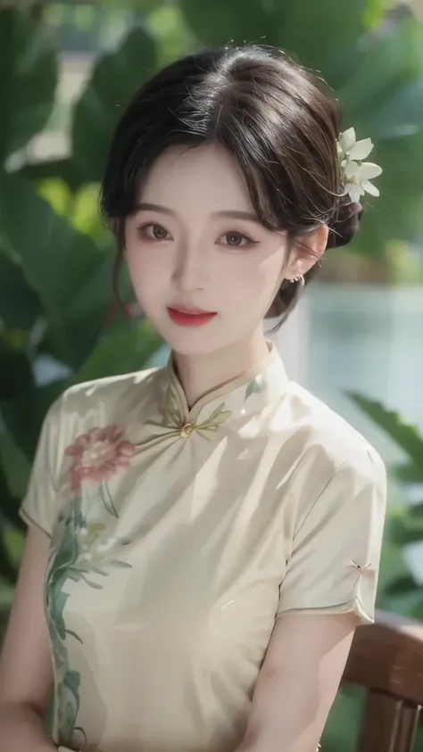 1 beautiful girl,best quality,(painting:1.5),Chest,torii,,depth of field, detailed face ,facial focus,ribbon_trim,(watching the audience:1.25),Smile,Thick lips,Real People,cheongsam