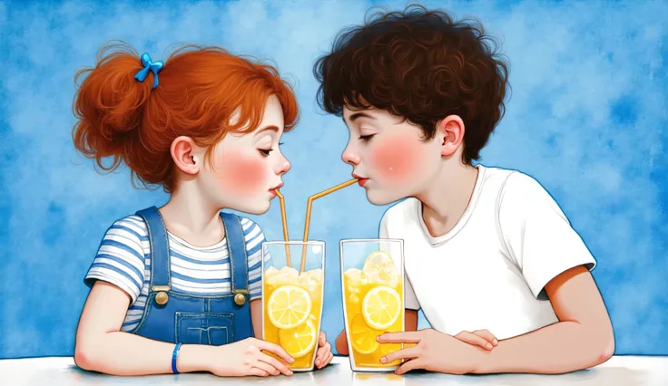 whimsical art style, inspired in Kate Forrester style, A couple drinking lemonade from one glass, through straws; both the girl and the boy are tall and thin, with slightly large heads. She is wearing a striped top and a dungaree, while he is in a white t-...