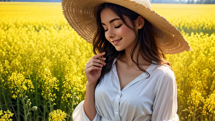 A cute 20-year-old Caucasian woman stands in a blooming rapeseed (canola) field under a clear blue sky. She has medium-length light brown wavy hair and is wearing a natural straw hat, which she gently holds with her right hand. Her eyes are closed, and she...