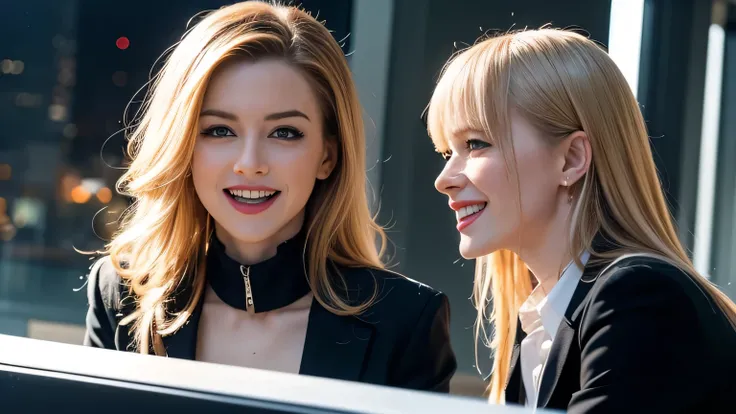 so that the face fits in the frame,head fits in frame,So that the hair fits in the frame, An office with a large floor in a European skyscraper in the background, business style ,upper body shot of 2 beautiful 18-year-old beautiful white women with blue ey...