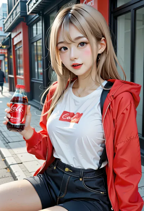 (nsfw:1.2), masterpiece, Highest Quality, super real, create an image of a beautiful young Japanese woman embodying futuristic fashion art. 18 years or older, The scene is、Highest Qualityでリアリズム , is sitting, Drink while holding a Coca Cola bottle with an o...