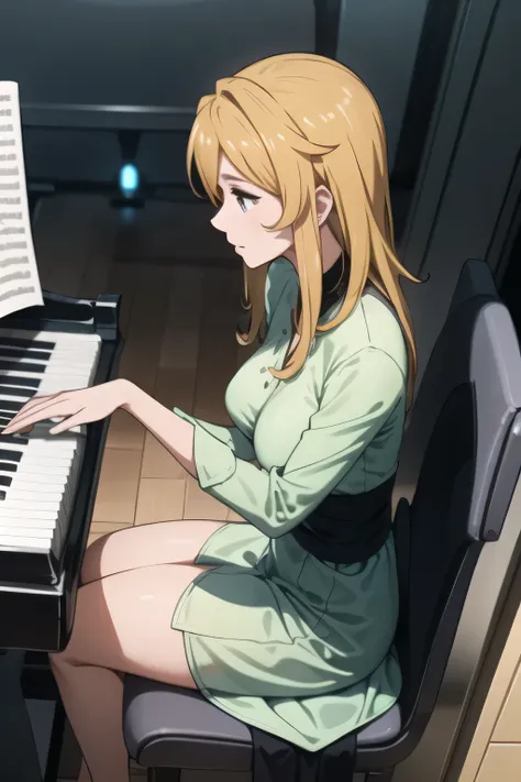 from front、can you draw a person in a long dark blue dress，woman playing pianoは描けますか，，駅に置いてあるグランドwoman playing piano，fireplace staring chair，wearing a long decorative dress， accurately draw 5 fingers 、is very important for this job，humans only have 2 arms ...
