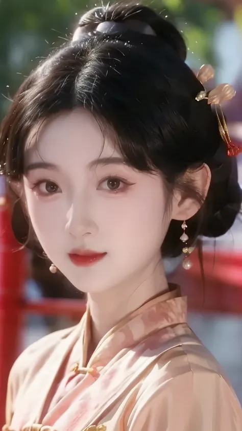 1 beautiful girl,best quality,(painting:1.5),Chest,torii,,depth of field, detailed face ,facial focus,ribbon_trim,(watching the audience:1.25),Smile,Thick lips,Real People,cheongsam