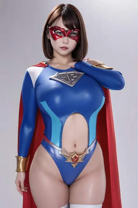 1girl, large breasts,  woman, sp4nd3x3r, wearing blue spandexer, metal plate on chest, cape, shoulder guard,domino mask, white thighhigh, red footwear,  sleeves,  magical background, 
detailed body, attractive body, perfect human body, realistic face, cowb...