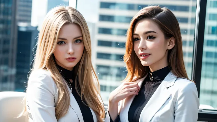 so that the face fits in the frame,head fits in frame,So that the hair fits in the frame, Large office in a skyscraper in the background, business style ,upper body shot of two beautiful 18-year-old white women with blue eyes and platinum blond hair standi...