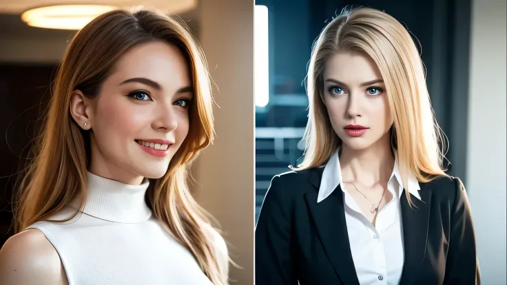 A wide, straight hallway of a skyscraper in the background,upper body shot of 2 beautiful 18-year-old white beautiful models with blue eyes and platinum blond hair standing apart,so that the face fits in the frame,head fits in frame,So that the hair fits i...