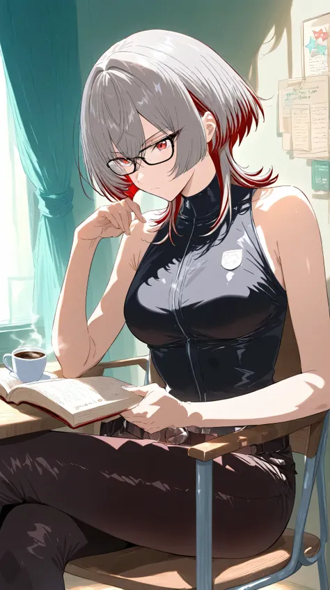 Best Anime 4k 
Serious look, weekends、room 、Wolf cut hair with red highlights on gray hair　Red Eyes　sleeveless black zip-up top、cool and edgy temporary look、no visible accessories　Read a book with a serious expression　cafe、sitting in a chair、cross your leg...