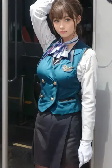 (masterpiece:1.2, Highest Quality :1.2), 32kHDR, Kampala, (alone、 1 girl on break day)、(what 、 professional light )、In-flight background、( realistic style wearing a Nankai Electric Railway crew uniform )、(( Nankai train crew uniform green vest ))、(( Nan...