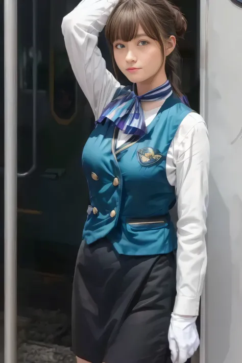 (masterpiece:1.2, Highest Quality :1.2), 32kHDR, Kampala, (alone、 1 girl on break day)、(what 、 professional light )、In-flight background、( realistic style wearing a Nankai Electric Railway crew uniform )、(( Nankai train crew uniform green vest ))、(( Nan...
