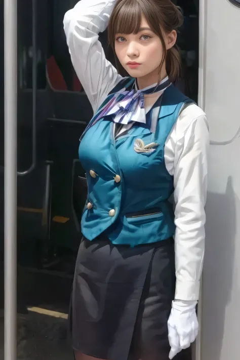 (masterpiece:1.2, Highest Quality :1.2), 32kHDR, Kampala, (alone、 1 girl on break day)、(what 、 professional light )、In-flight background、( realistic style wearing a Nankai Electric Railway crew uniform )、(( Nankai train crew uniform green vest ))、(( Nan...