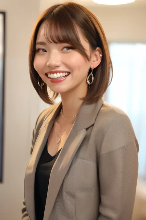 A neat and clean young woman、office lady suit、jacket、shirt、necklace、and look at the camera、 smile showing teeth、ear piercing、 pale brown hair、hairstyle shortcuts、upper body、Background is in a room