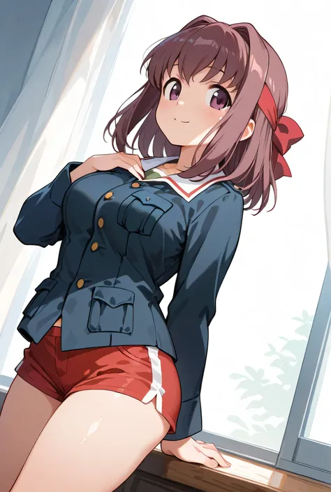 kondou taeko,ooarai military uniform,ooarai military uniform,no skirt,short shorts,red shorts,cowboy shot,
